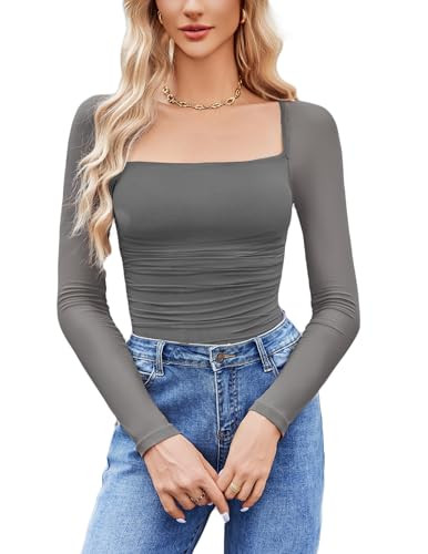 Avidlove Women's Square Neck Mesh Long Sleeve Bodysuit Shirts Ruched Body Suit Sexy Sheer Tops Da... | Amazon (US)