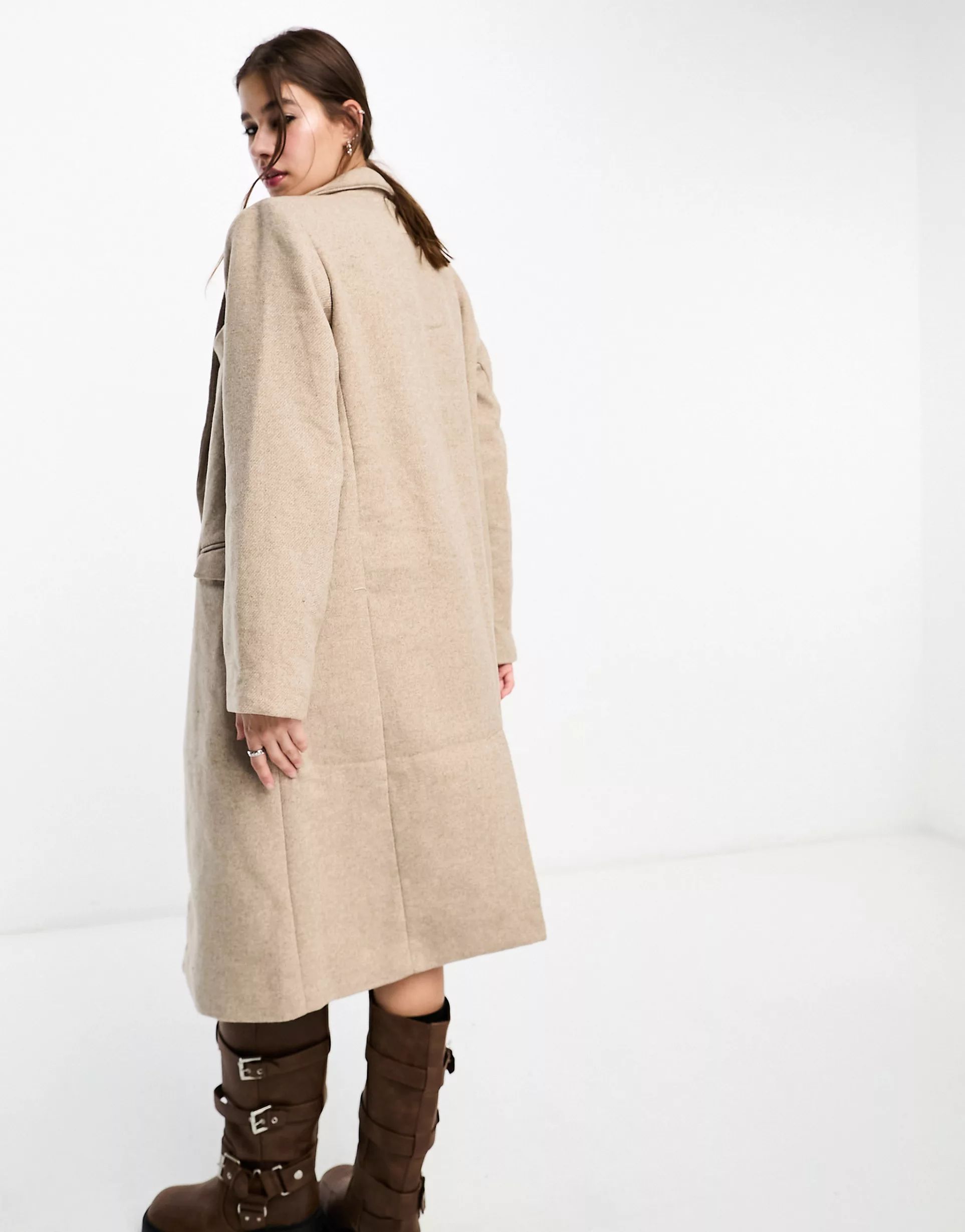 Object formal twill double breasted longline wool coat in stone | ASOS (Global)