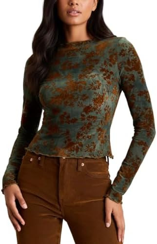 Women's Velvet Burnout Top Slim Fit Long Sleeve Blouse Mock Neck Party Evening Floral Elegant Shi... | Amazon (US)