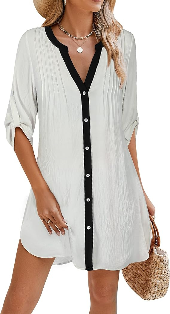 BMJL Women Beach Cover Ups V Neck Button Down Swimsuit Coverup Swimwear Bathing Suit Cover Up 202... | Amazon (US)