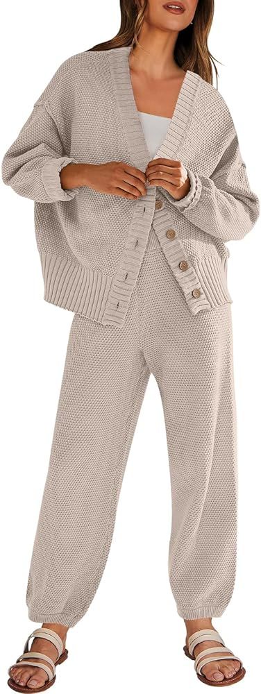 Prinbara Women's 2 Piece Outfits Sweater Set 2023 Fall Oversized Knit Cardigan High Waisted Pants... | Amazon (US)