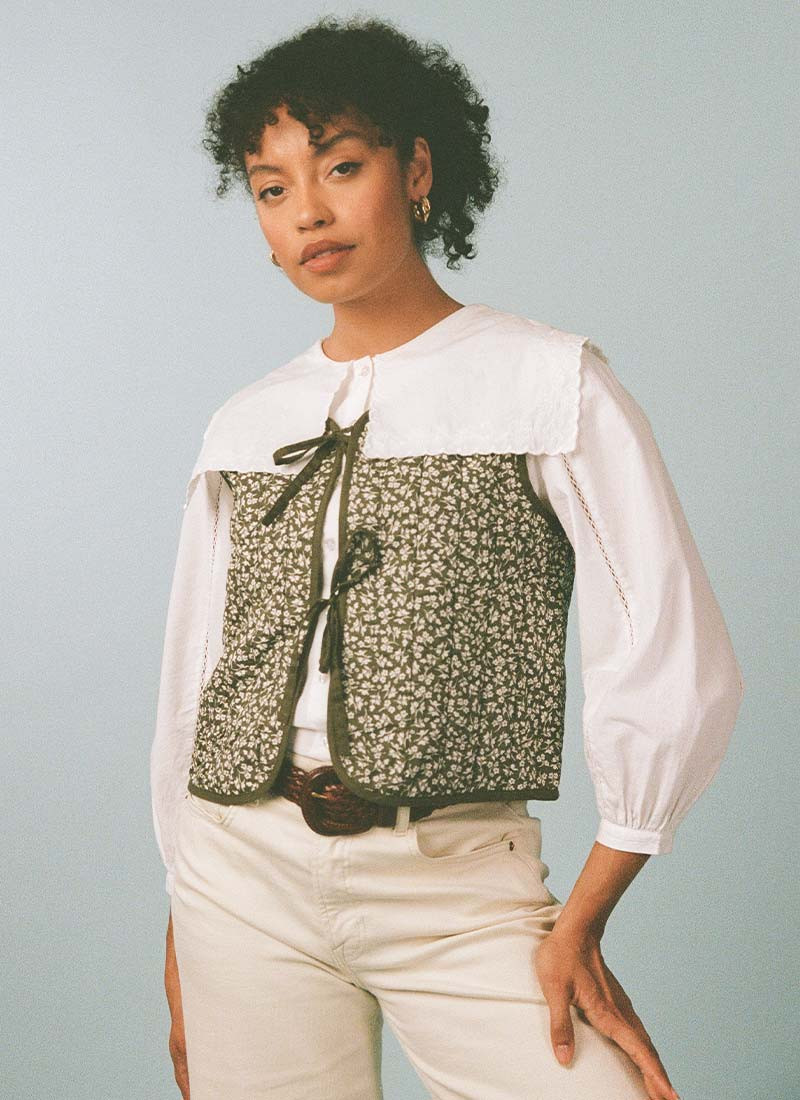 Giselle Sage Floral Print Quilted Tie Front Gilet | Joanie