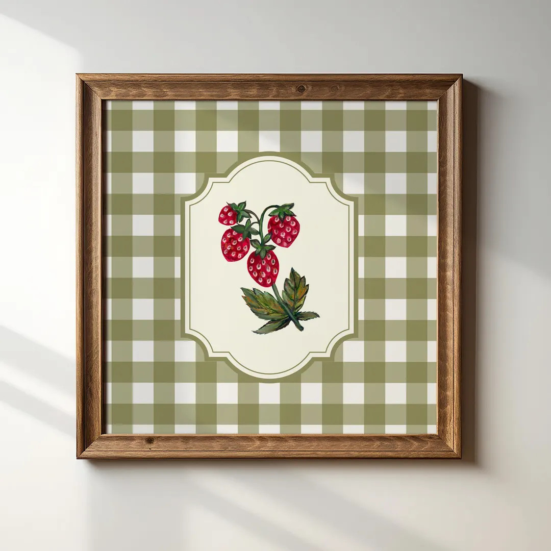 Watercolor Strawberries, Square Green Gingham Illustration Print, Digital Download Art Print, Wal... | Etsy (US)