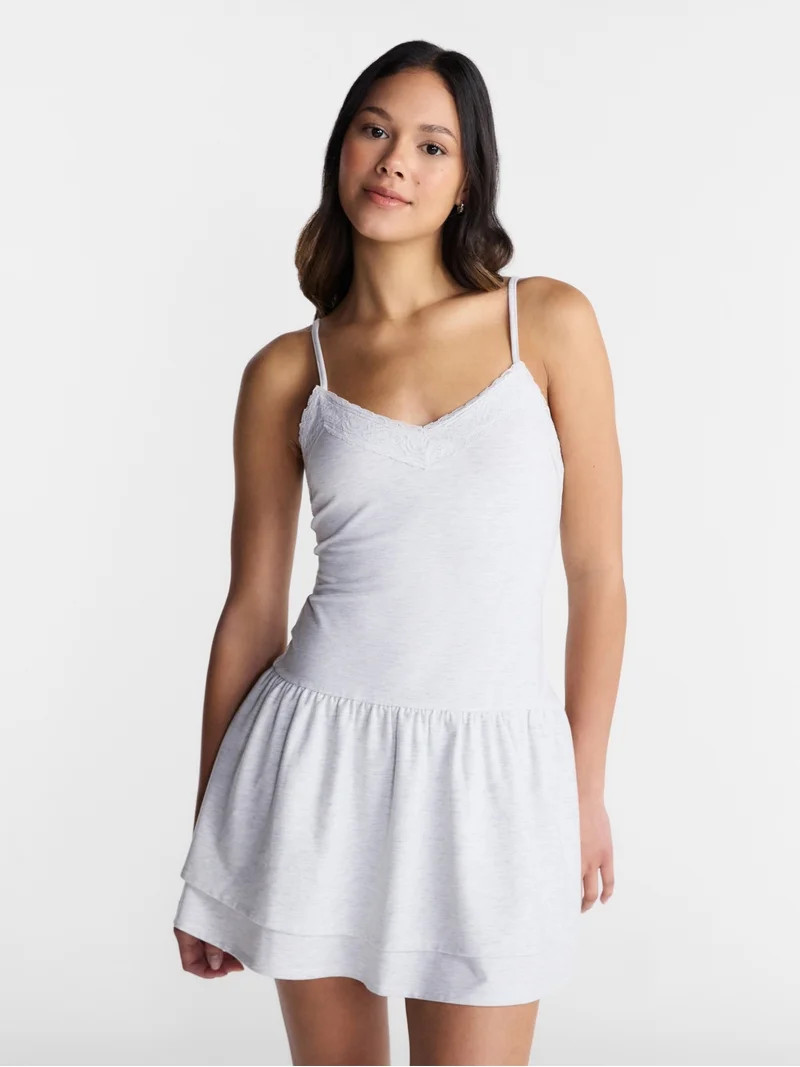 No Boundaries Lace Trim Tiered Mini Dress, Women's XXS-XXL | Walmart (US)