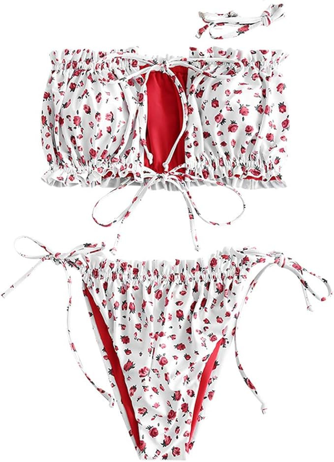 ZAFUL Women's Strapless Ribbed Tie Back Ruffle Cutout Bandeau Bikini Set Swimsuit | Amazon (US)