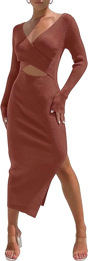 ANRABESS Women's Long Sleeve Wrap V Neck Crissover Cutout Front Stretch Ribbed Knit Slit Midi Swe... | Amazon (US)