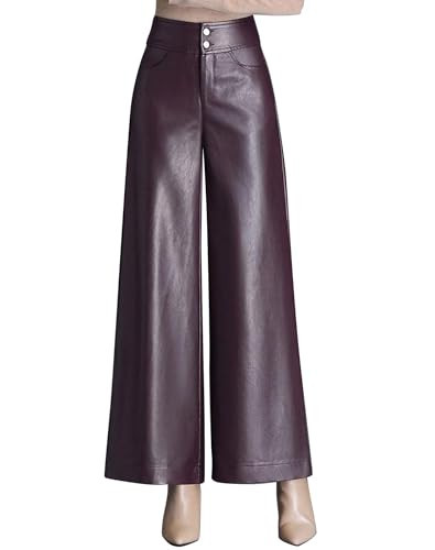 HaoMay Women's High Waist Wide Leg PU Faux Leather Cropped Pants Culottes(Ancora Red-M) | Amazon (US)
