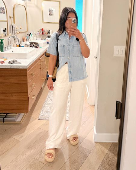 Love this easy chic summer look! This short sleeve denim shirt is so good! Wearing a small! My linen pants are perfect for any summer outfit! Runs TTS


#LTKFindsUnder50 #LTKShoeCrush #LTKFindsUnder100