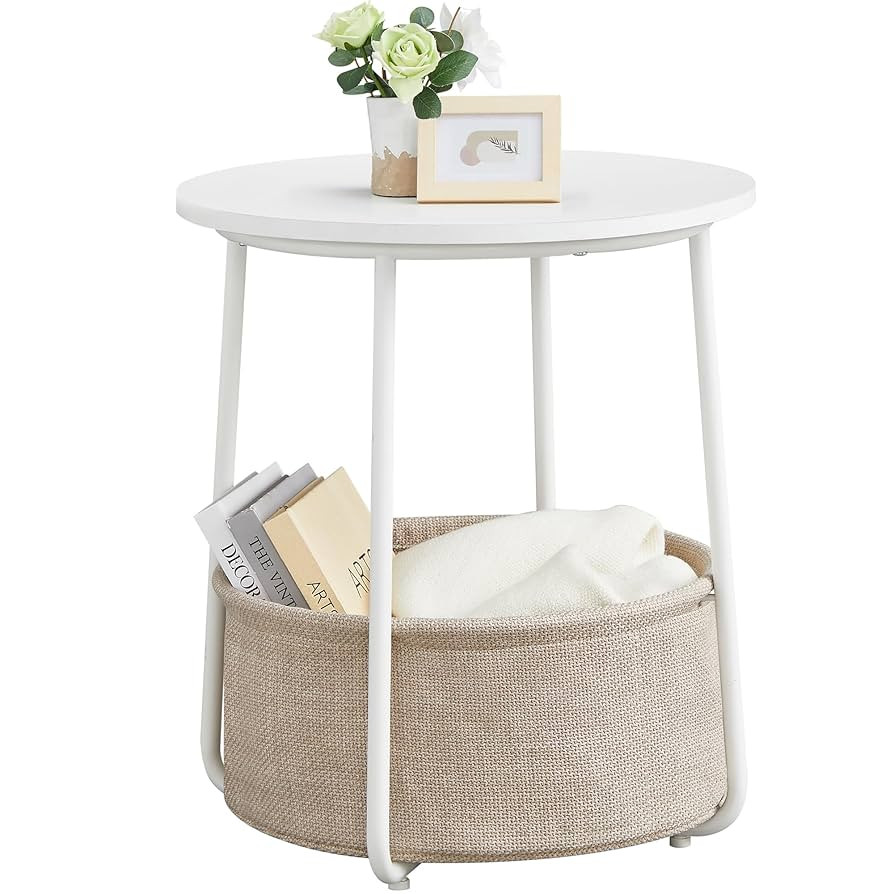 VASAGLE Small Round Side End Table, Modern Nightstand with Fabric Basket, Matte White and Camel B... | Amazon (US)