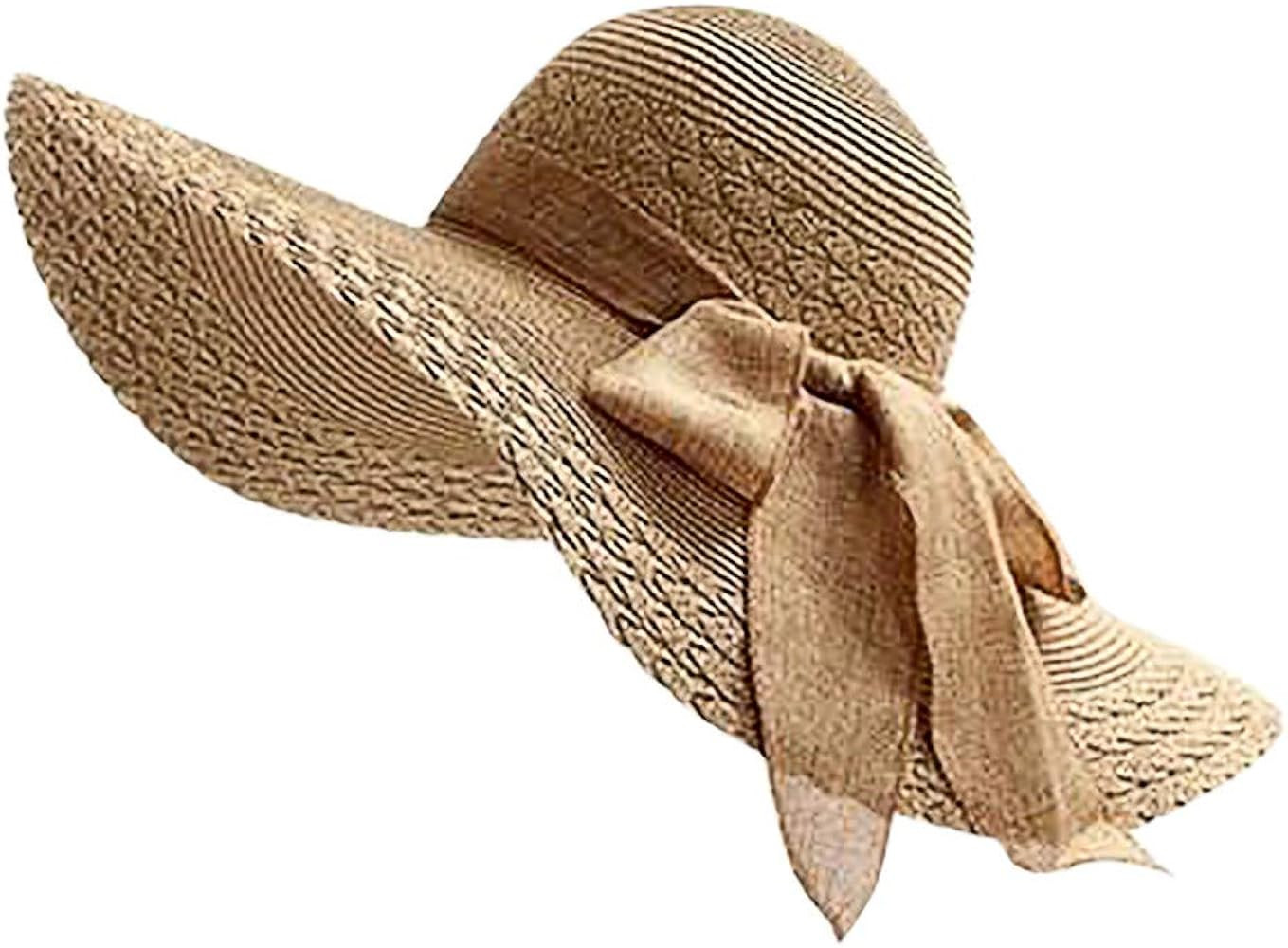 Women Colorful Big Brim Straw Bow Hat Sun Floppy Wide Brim Hats Beach Cap | Amazon (US)