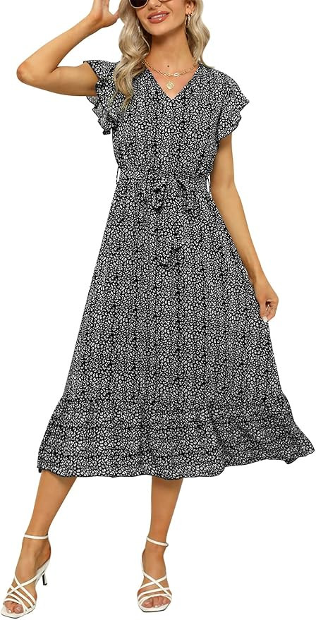 NAVINS Womens Casual Boho Tie V-Neck Flutter Sleeve Ruffle Hem Flowy Long Swing Midi Chiffon Dres... | Amazon (US)