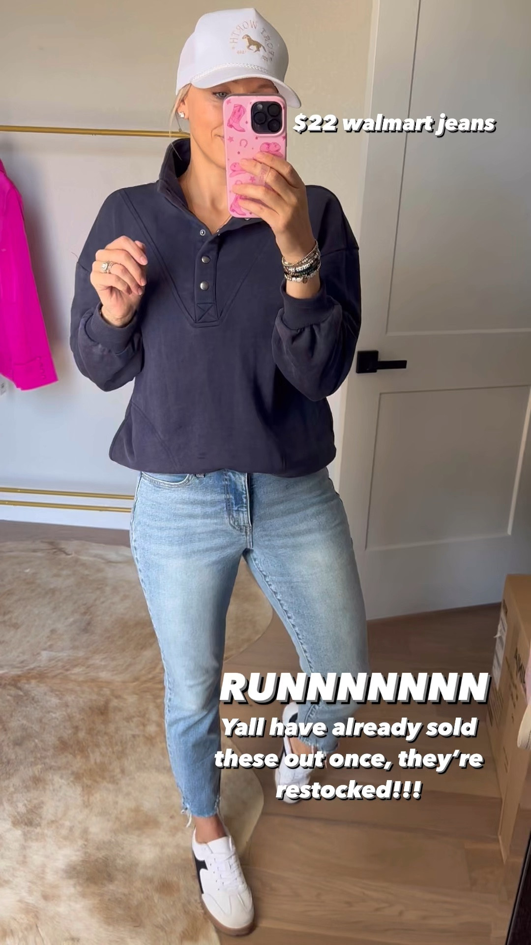 RUN!!! The $22 jeans from Walmart that y’all have sold out once are officially restocked!! They will sell out again though so get them now! I’m wearing a size 4 which is my TTS. I’m 5’5” and 145lbs. Pullover and sneakers are also from Walmart and true to size 

#LTKVideo #LTKFindsUnder50 #LTKStyleTip