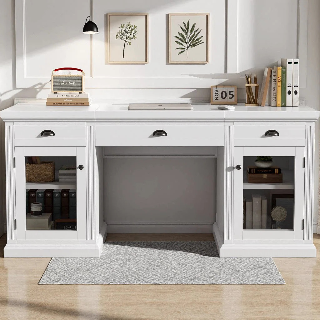 67" Modern Executive Desk with 2 Glass Door Storage Cabinet & 3 Drawers, Computer Desk with USB P... | Wayfair North America