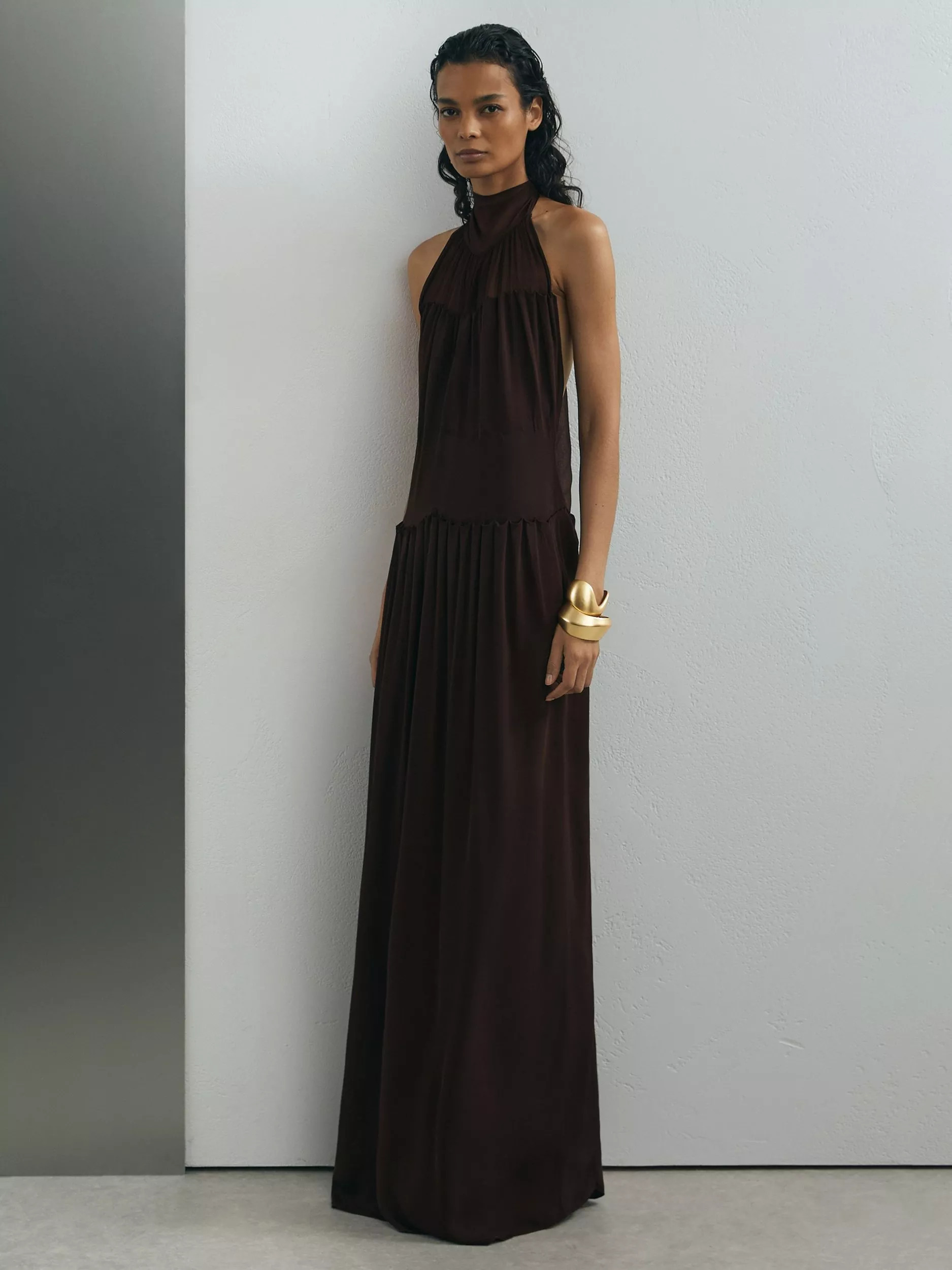 Luna Halterneck Chiffon Maxi Dress, Chocolate | John Lewis (UK)