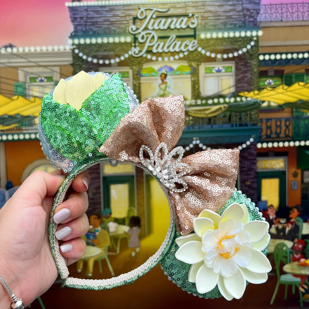 Tiana Mouse Ears Princess and the Frog New Orleans Princess Green and Champagne Ears With Lotus F... | Etsy (US)