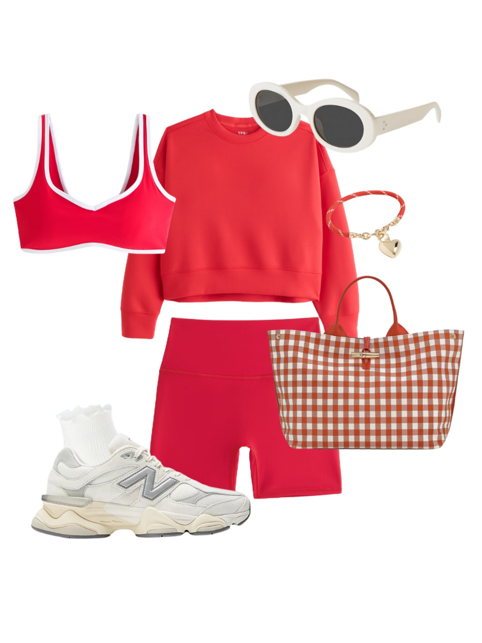 summer workout outfit idea 🤍🍓 biker shorts, sports bra, workout set, crewneck sweatshirt, new balance sneakers, ruffle socks, white sunglasses, gingham tote, bracelet, activewear 

#LTKActive #LTKFindsUnder50 #LTKFindsUnder100