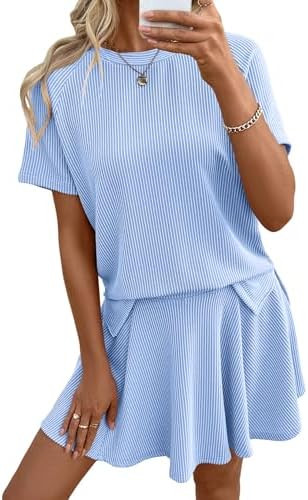 EVALESS Two Piece Sets for Women Summer Outfits Ribbed Knit Short Sleeve Tops and Lined Pleated M... | Amazon (US)