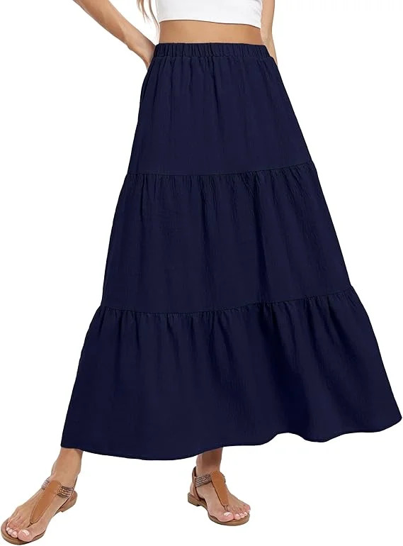 JWD Summer Maxi Skirt for Women Boho Lightweight Flowy Tiered Long Beach Skirts with Pockets Navy... | Walmart (US)