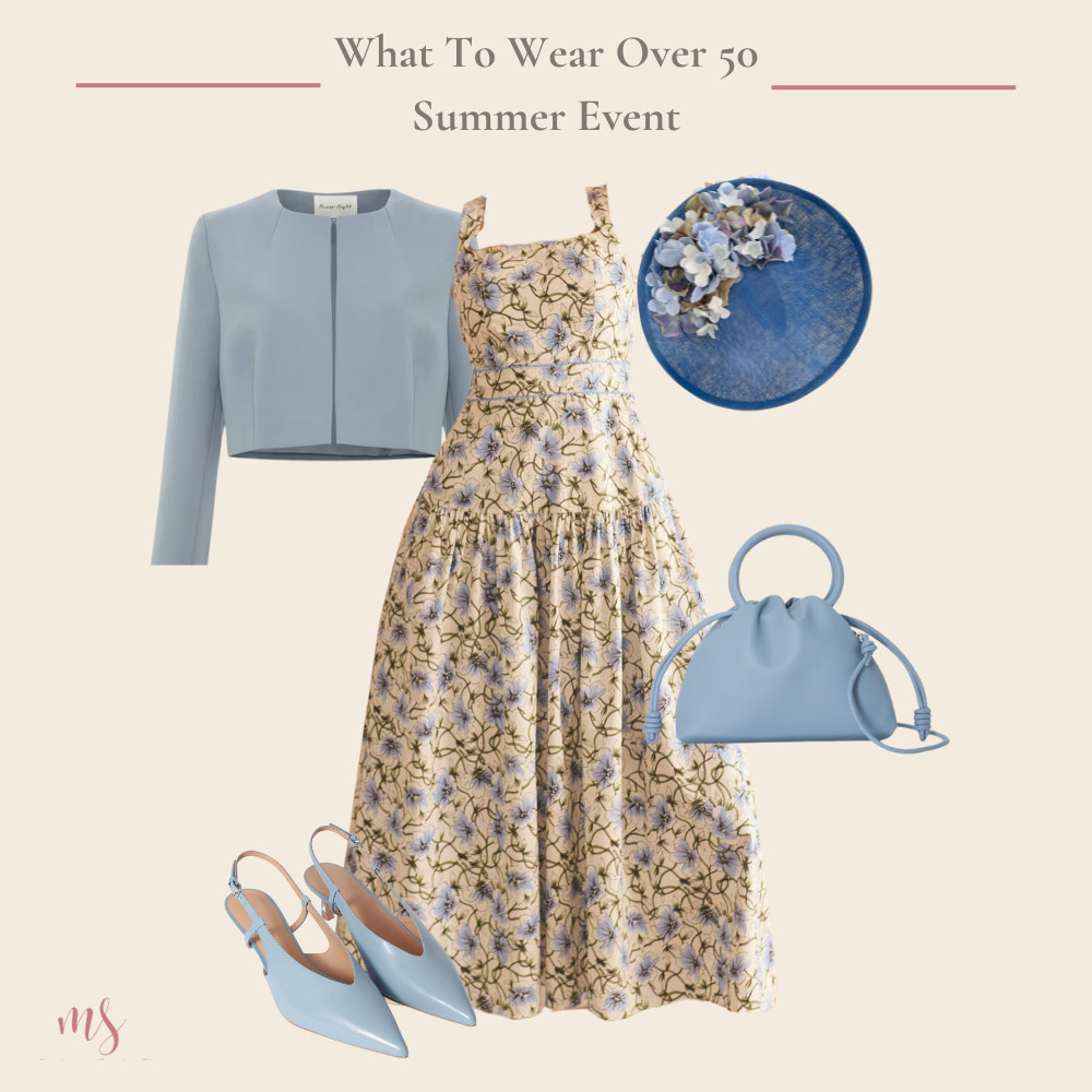 Summer event outfit - wedding or Ascot. Floral dress, blue jacket, shoes and bag, blue floral hat. 

 #LTKuk #LTKwedding #LTKover50style