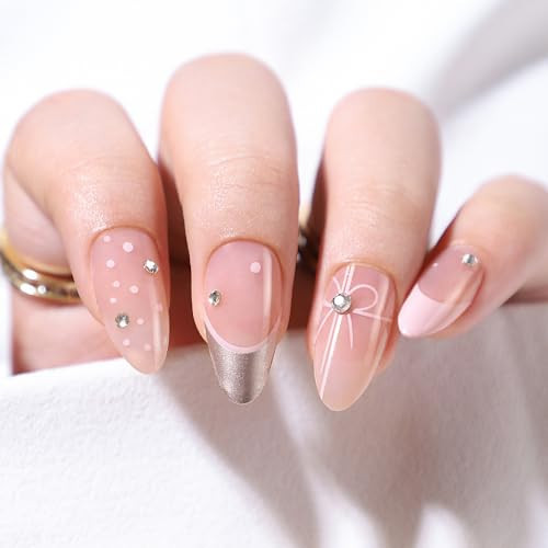 French Tip Press on Nails Medium Almond Fake Nails Bow Charms Full Cover Stick on Nails Nude Pink False Nails with Pearl Rhinestone Nail Tips Designs Acrylic Nails for Women Girls 30 Pcs | Amazon (US)