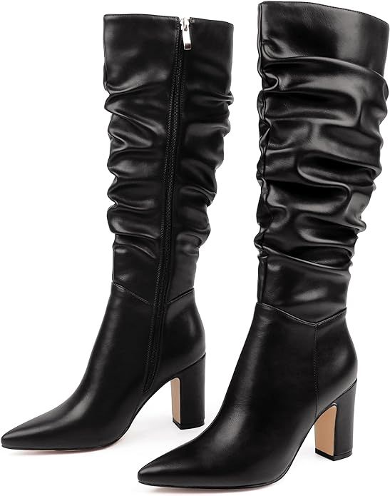JOY IN LOVE Women's High Block Heel Wrinkled Slouchy Zipper Knee High Boots | Amazon (US)