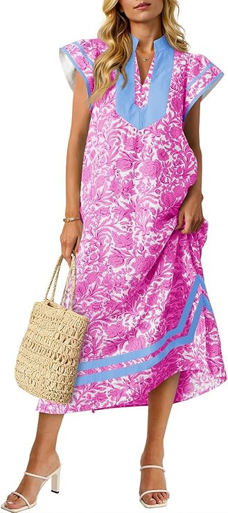 Wenrine Womens Summer Floral Maxi Dress Casual Short Cap Sleeve V Neck Color Block Side Slit Loos... | Amazon (US)