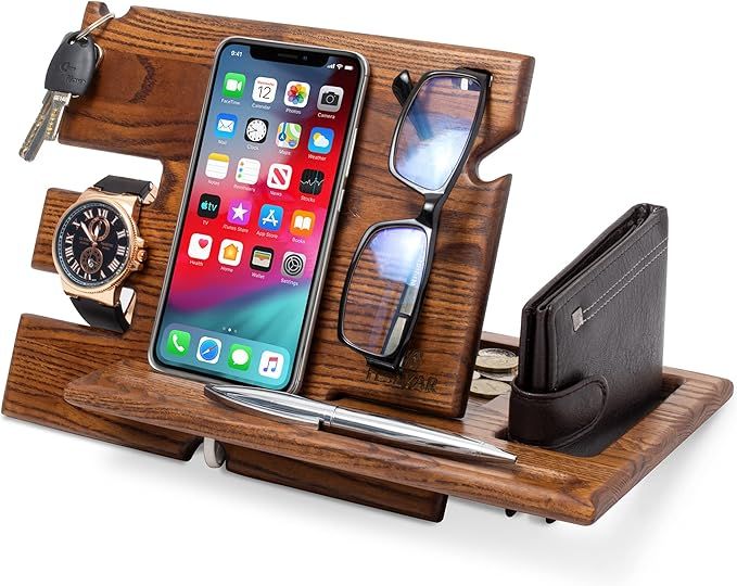 TESLYAR Wood Phone Docking Station Ash Key Holder Wallet Stand Watch Organizer Men Gift Husband W... | Amazon (US)