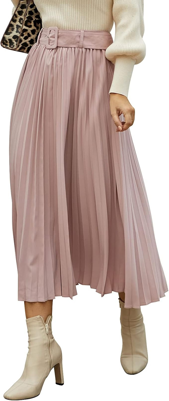 EXLURA Women’s Pleated Skirt High Waisted A-Line Belted Flowy Midi Swing Skirt | Amazon (US)