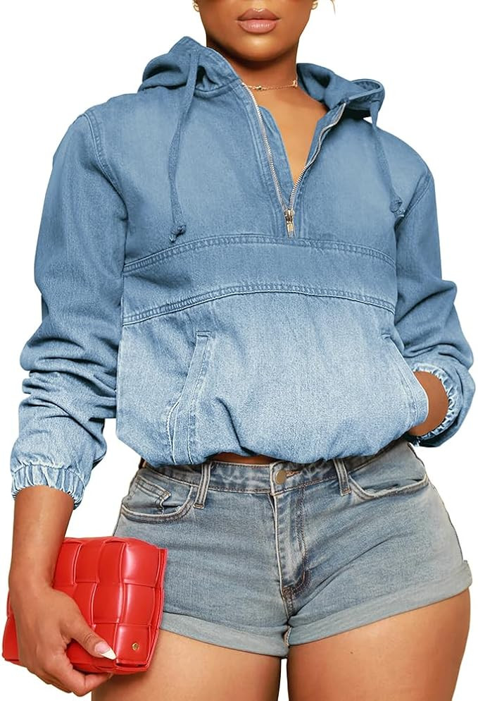 PINSV Women's Half Zip Denim Hoodie Pullover Jacket Jean Sweatshirt Tops | Amazon (US)