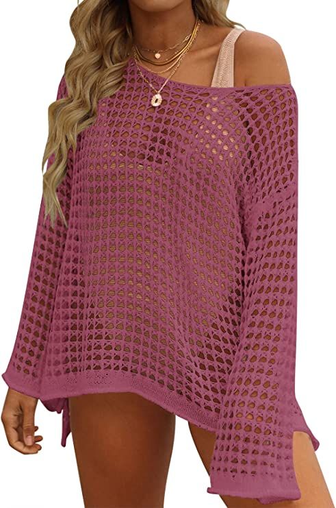 ZESICA Women's 2023 Summer Crochet Hollow Out Long Sleeve Beach Bikini Swimsuit Mesh Cover Up Tun... | Amazon (US)