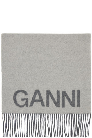 GANNI - Gray Fringe Logo Scarf | SSENSE