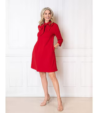 Ming Wang x Tanya Foster Deco Crepe Tie Mock Neck 3/4 Sleeve A-Line Dress | Dillard's | Dillard's