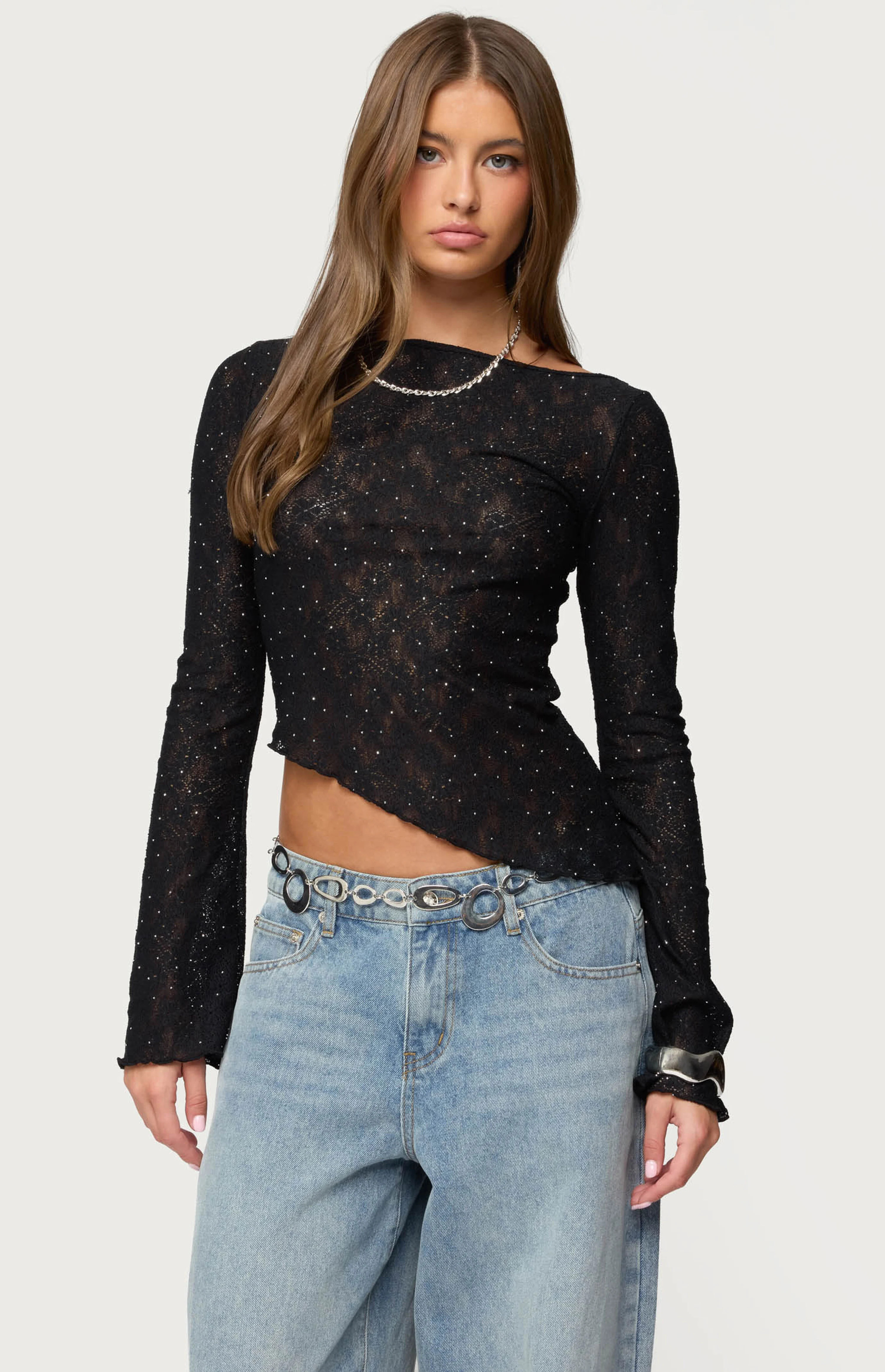 Edikted Mare Asymmetric Gem Sheer Lace Top | PacSun