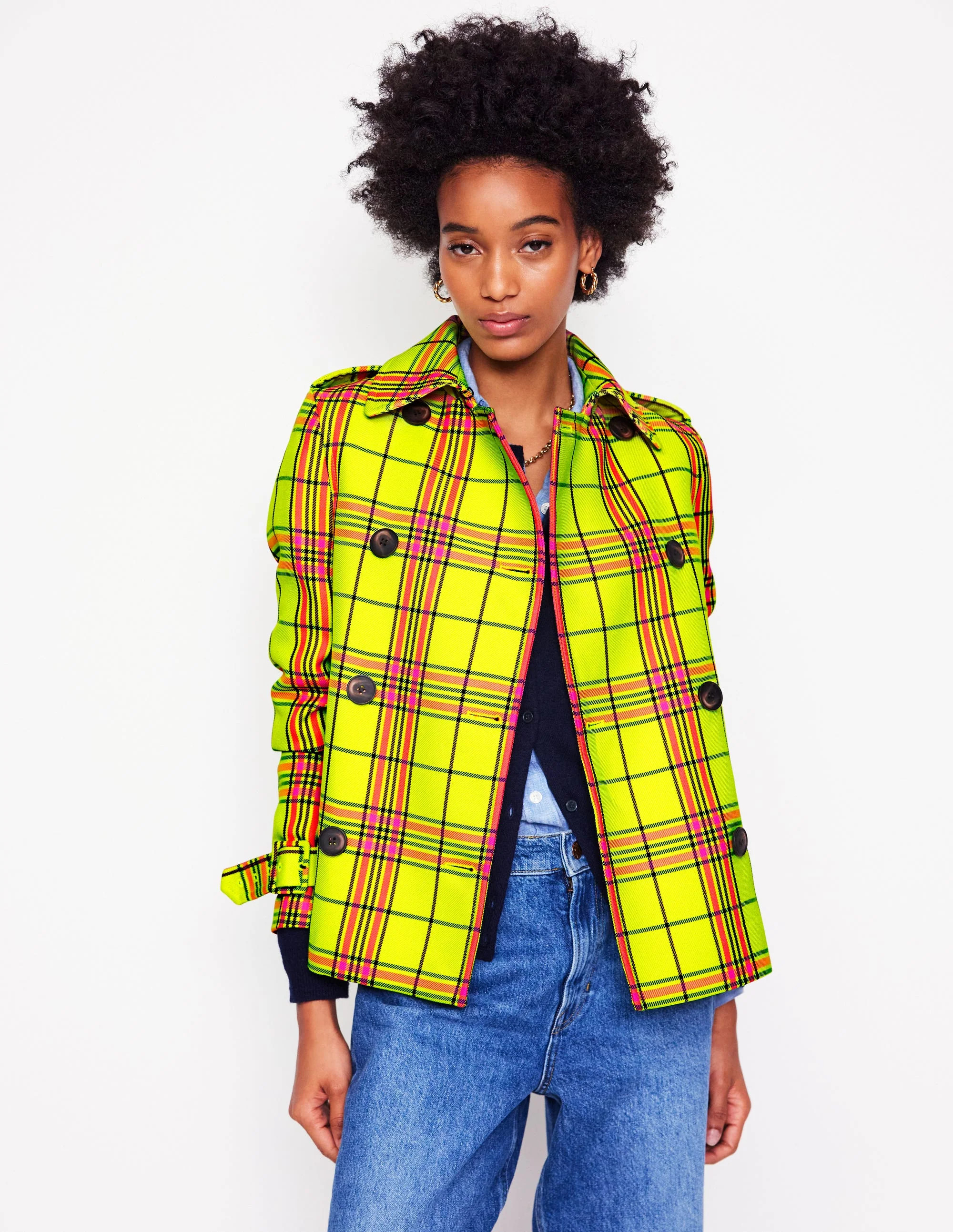 Mayfair Cropped Trench-Neon Yellow Check | Boden UK