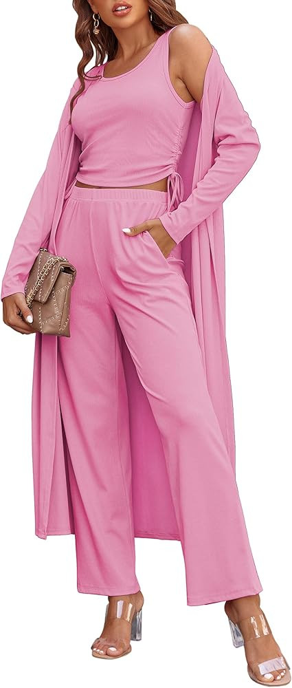 Ekouaer Women's 3 Piece Knit Lounge Set Pajama Long Sleeve Cardigan Sleeveless Top Pants Sweatsui... | Amazon (US)