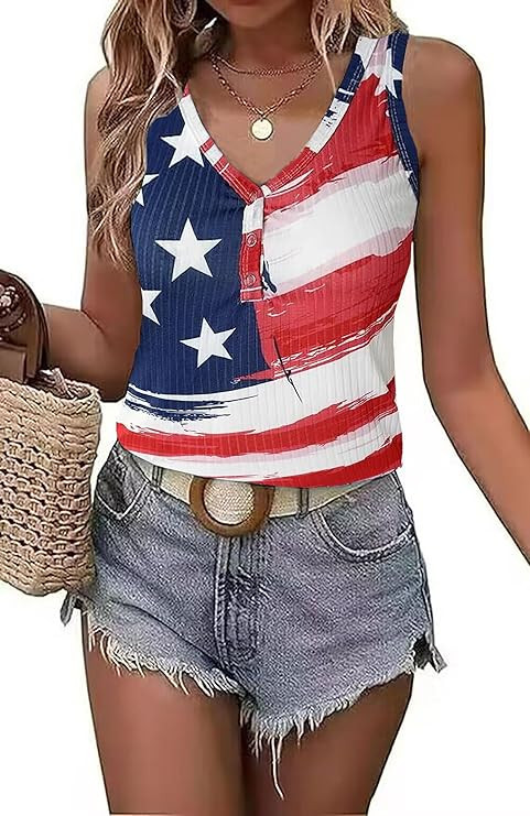 LYEIAO American Flag Ribbed Tank Women 4th of July Patriotic V Neck Button Slim Basic Henley Shir... | Amazon (US)