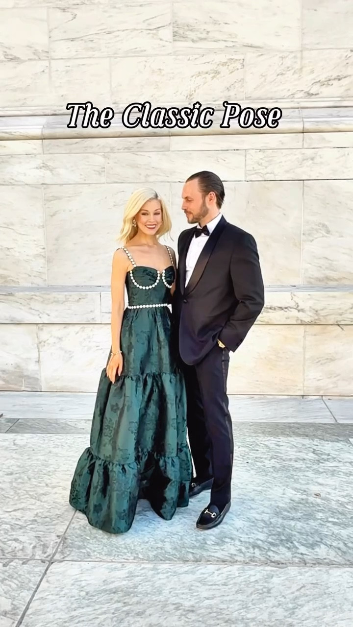Which one is your favorite? 

♥️ the classic pose 
🐆 the mob couple 
🎶 the boy band (inspired by the one and only @valerialipovetsky & @garylipovetsky) 
👠 the walk away 
🥰 the sweetheart step 
👸 the princess twirl 

My gown here is @vchapmanstudio.  You may recognize the designer because I wore them for our last two weddings. 💍💃 Earrings are @lorenhope, and sparkly silver shoes are @badgleymischka. 

#holidayphotos #couplepose #engagementphotos #christmascard #posingtips #modeling #modelinglife #lanadelrey #redlips