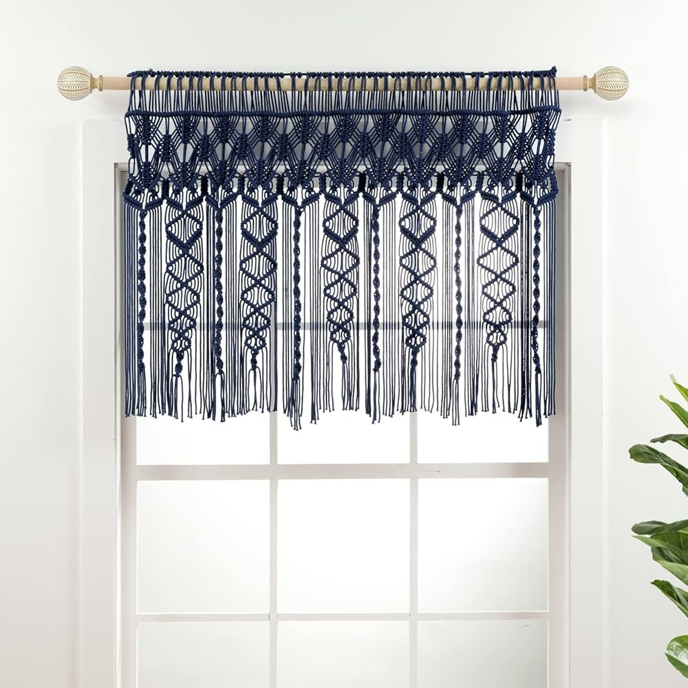 Lush Decor Boho Macrame Textured Cotton Valance, 40" W x 30" L, Navy - Boho Kitchen Curtains & Wa... | Amazon (US)