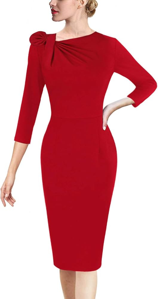 VFSHOW Womens Pleated Asymmetric Bow Neck Work Cocktail Party Sheath Dress | Amazon (US)