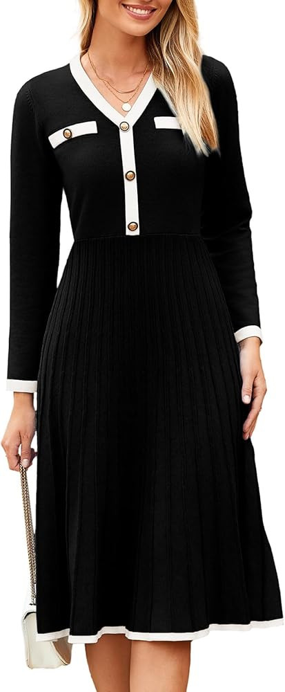 Simplee Women Long Sleeve Sweater Dress Ribbed Knit Formal Work Midi Dresses | Amazon (US)