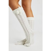 boohoo Women's Knee High Cable Knit Pom Pom Cosy Socks in Ivory | Boohoo.com (UK & IE)