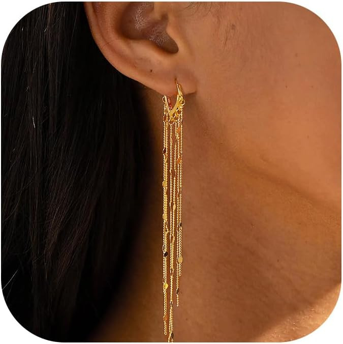 Robaice Long Gold Dangle Earrings for Women, 14K Plated Tassel Earring | Amazon (US)