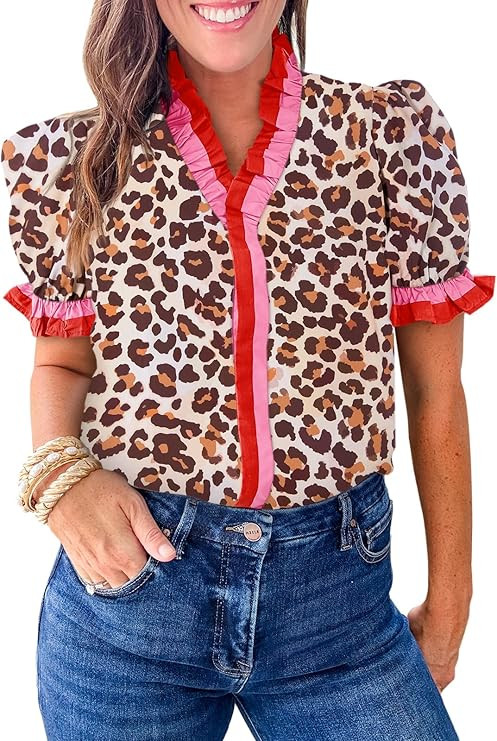 Cicy Bell Womens Summer Floral Print Tops Casual Puff Short Sleeve Ruffle V Neck Button Down Shir... | Amazon (US)