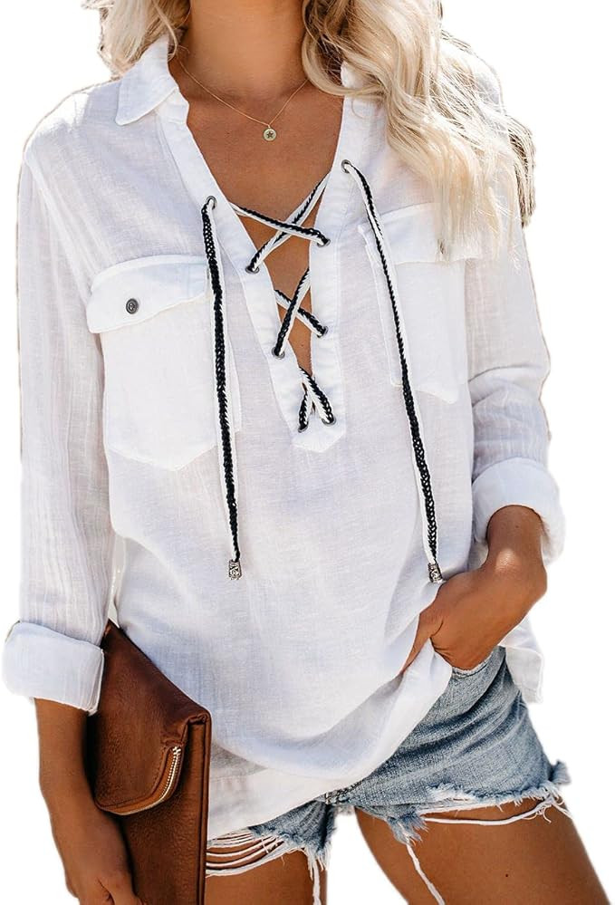 Paintcolors Women's Lace-Up V Neck Shirts Cotton Roll-Up Sleeve Solid Color Blouse Tunics Tops wi... | Amazon (US)