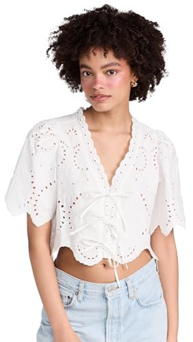 MOON RIVER Women's Puff Sleeve Eyelet Top with Front Ties, Ivory, White, L | Amazon (US)