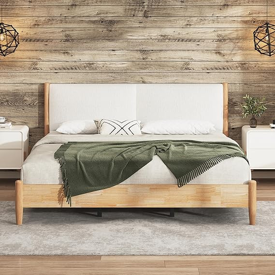 Merax California King Size Bed Frame and White Cozy Upholstered Headboard, Natural Wood Platform ... | Amazon (US)