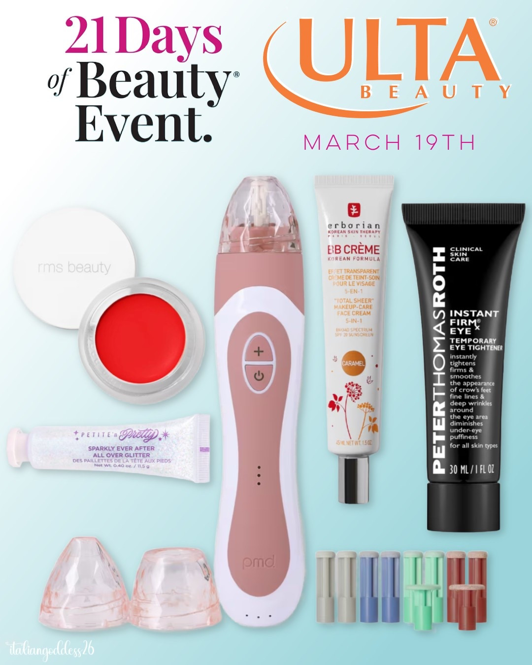 Ulta’s 21 Days of Beauty Sale ~ 50% off select must-have items, daily! 

March 19th - 

*Erborian BB Cream SPF 20
*RMS Beauty Lip2Cheek
*Petite n Pretty Sparkly Ever After All Over Glitter
*Peter Thomas Roth Instant FIRMx Eye Temporary Eye Tightener
*PMD Personal Microderm Elite Pro - Microdermabrasion Tool


#LTKSeasonal #LTKOver40 #LTKSaleAlert #LTKFindsUnder50 #LTKFindsUnder100 #LTKStyleTip #LTKBeauty #LTKTravel 