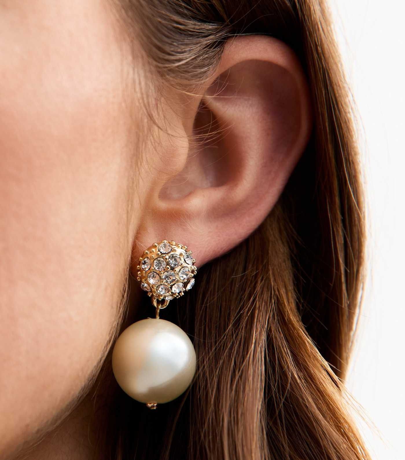 Gold Tone Faux Pearl Diamanté Drop Earrings  | New Look | New Look (UK)