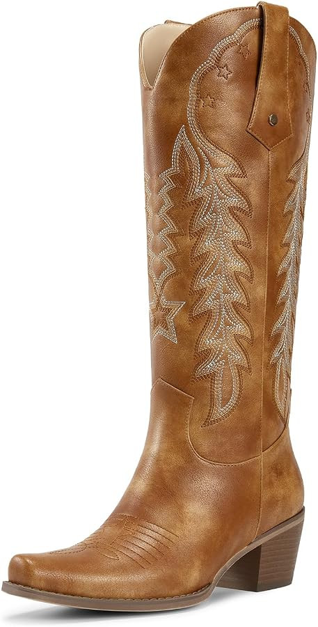 wetkiss Cowboy Boots for Women Knee High Cowgirl Boots Retro Embroidered Chunky Heels Pointed Toe... | Amazon (US)