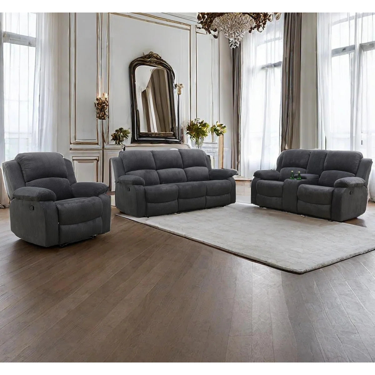Mobili Fabric 3 Pcs Recliner Set With Cupholder ,Drop Down Table | Wayfair North America